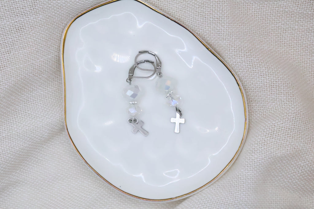 Earrings - White and Silver with Cross