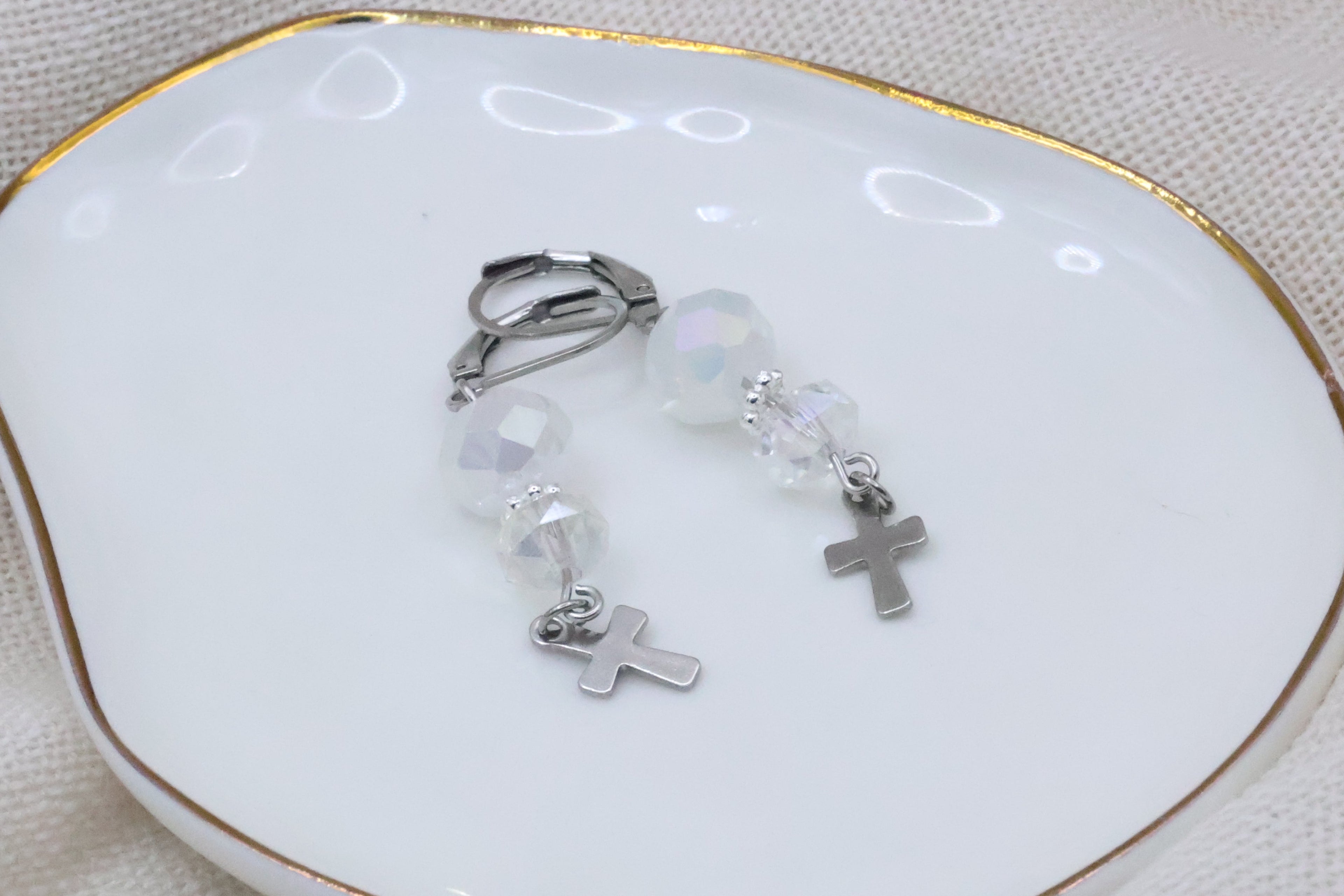 Earrings - White and Silver with Cross