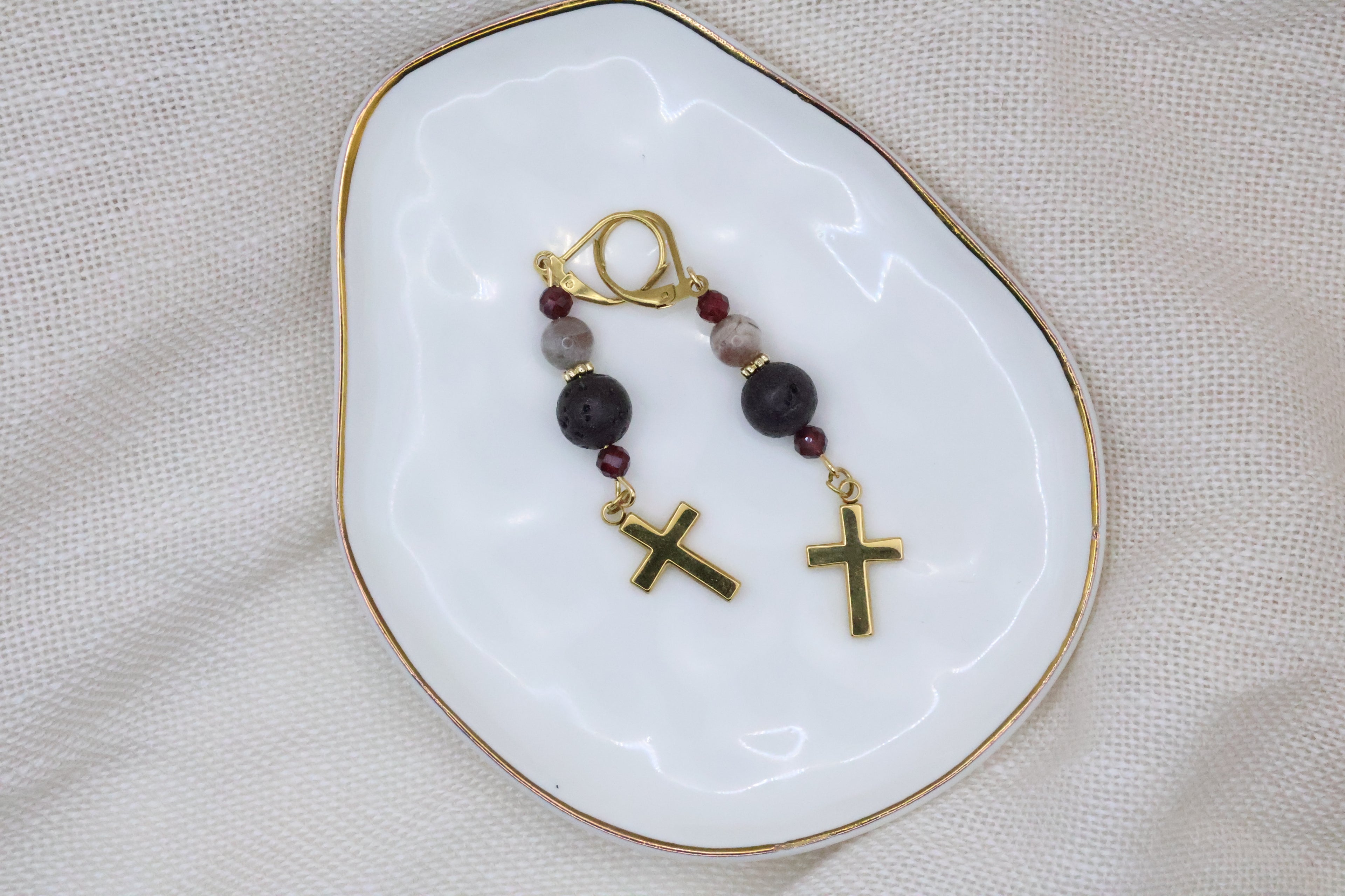 Earrings - Garnet and Lava Rock with Cross