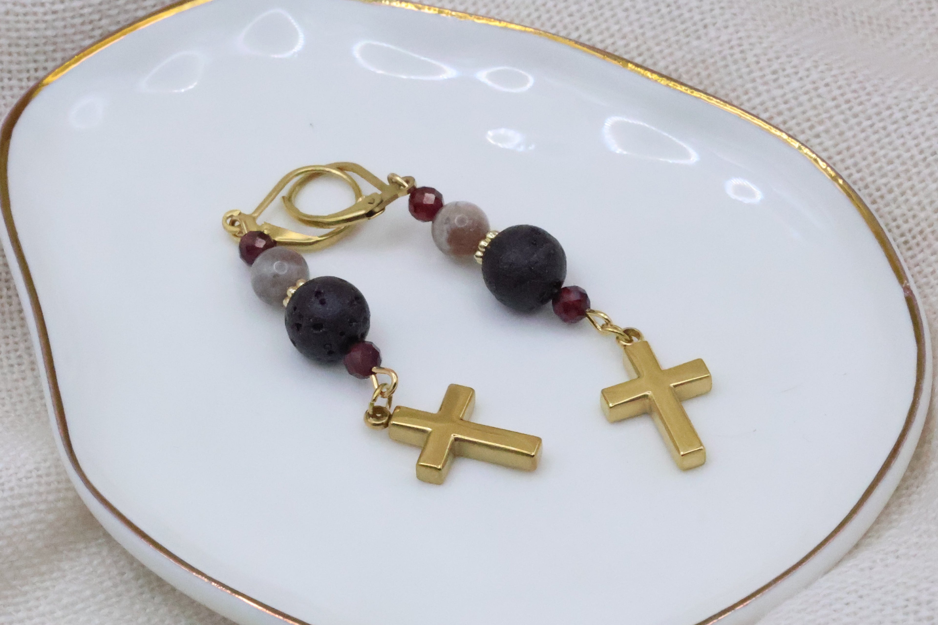 Earrings - Garnet and Lava Rock with Cross