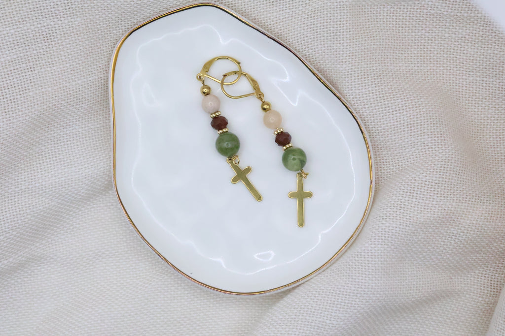 Earrings - Green and Pink with Cross