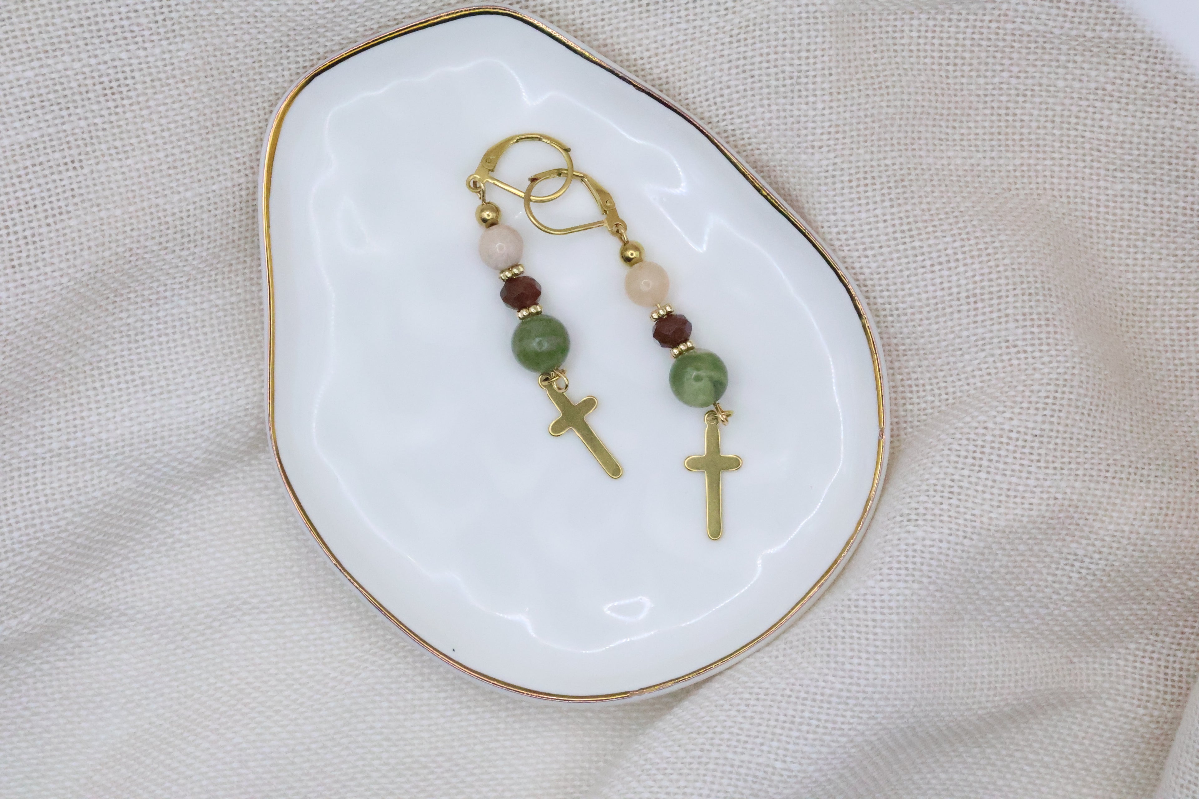 Earrings - Green and Pink with Cross