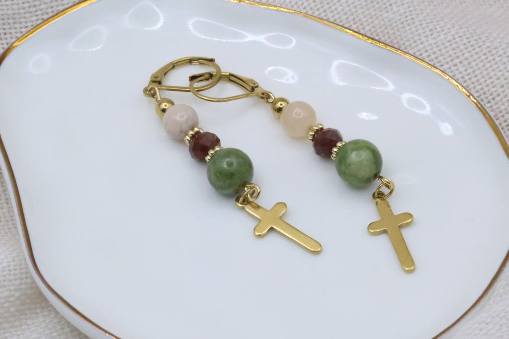Earrings - Green and Pink with Cross