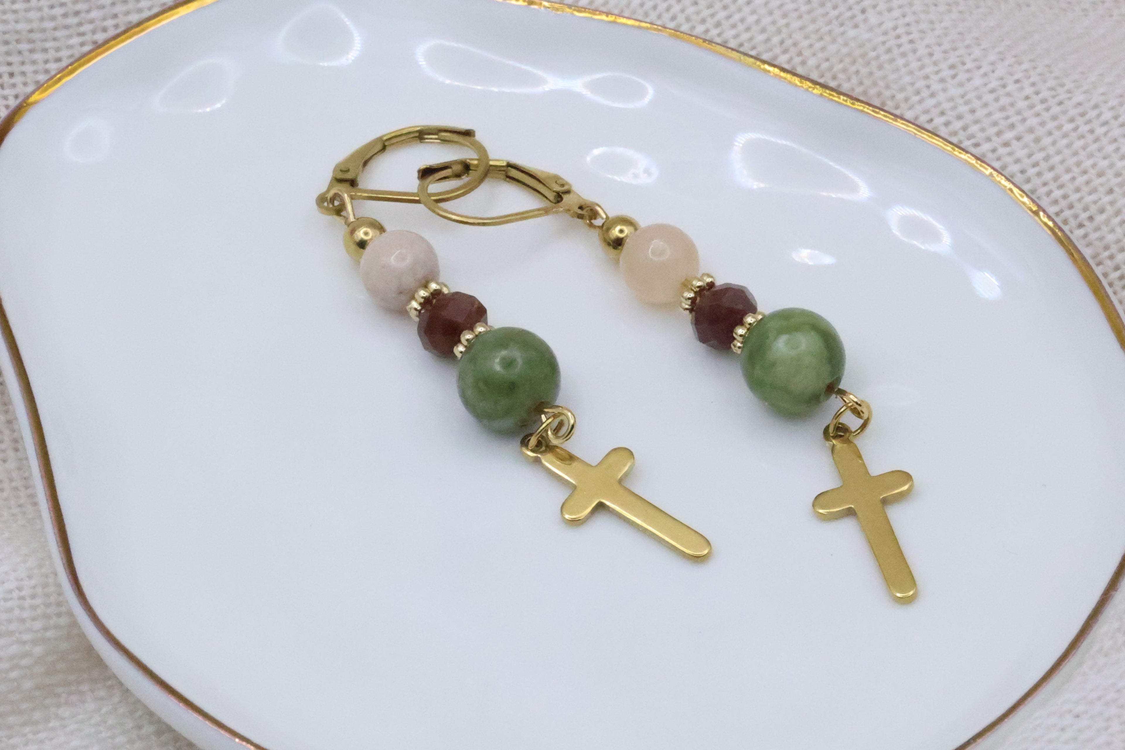 Earrings - Green and Pink with Cross
