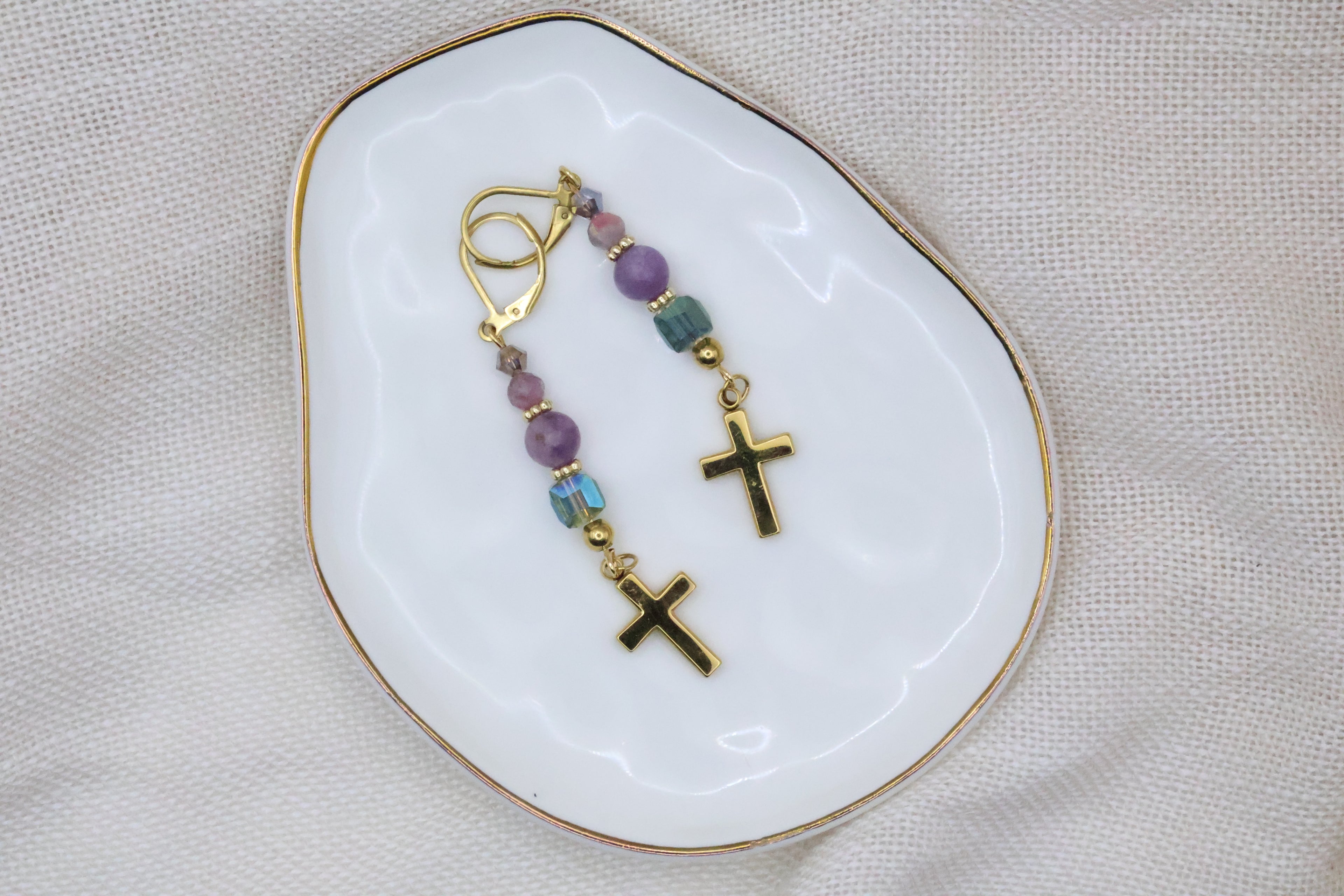Earrings - Purple and Aqua with Cross
