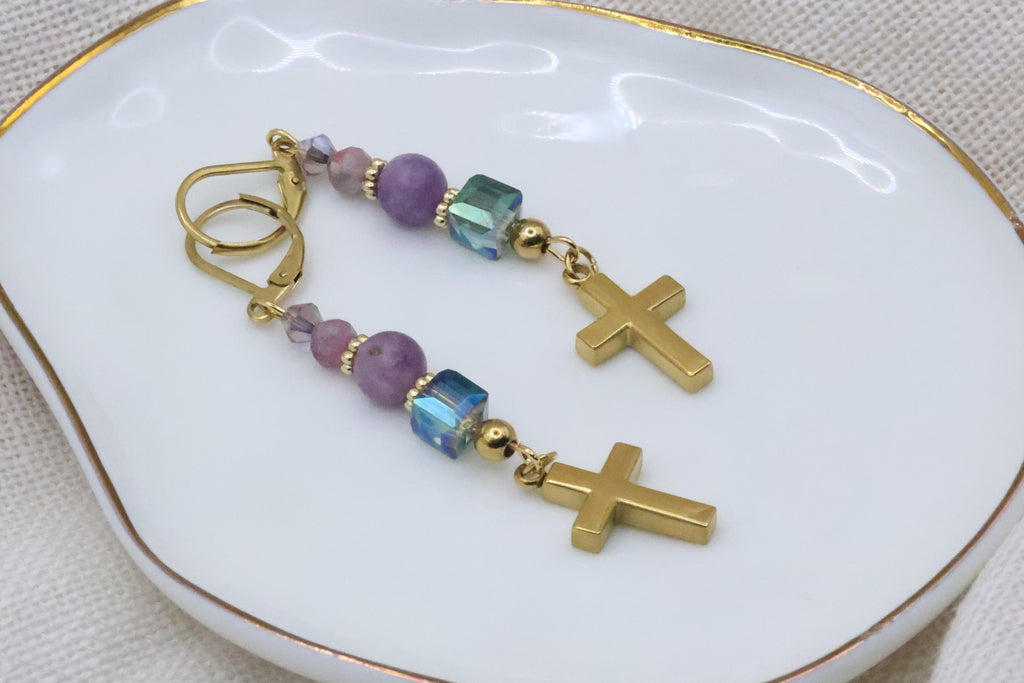 Earrings - Purple and Aqua with Cross