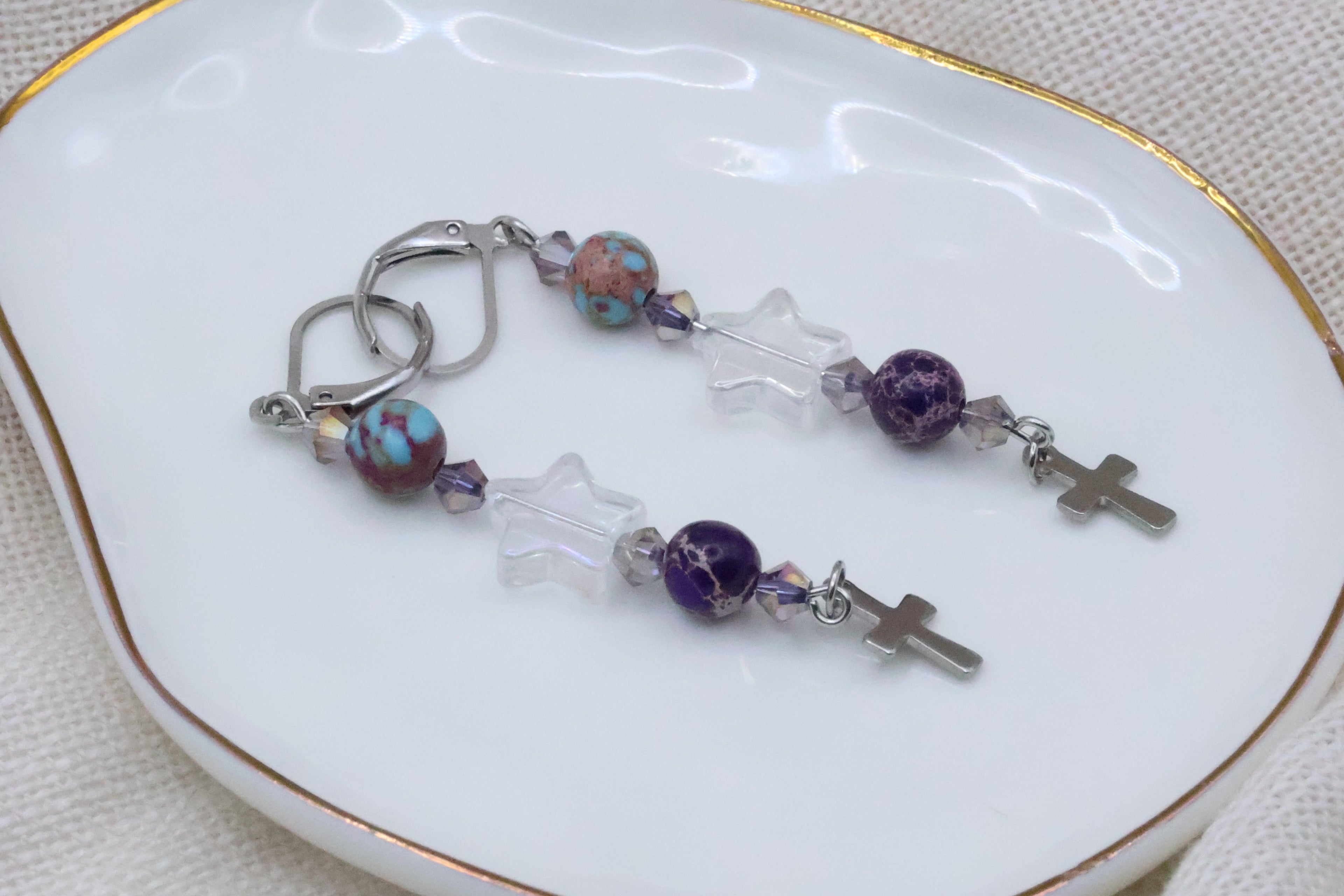 Earrings - Stardust Purple with Cross