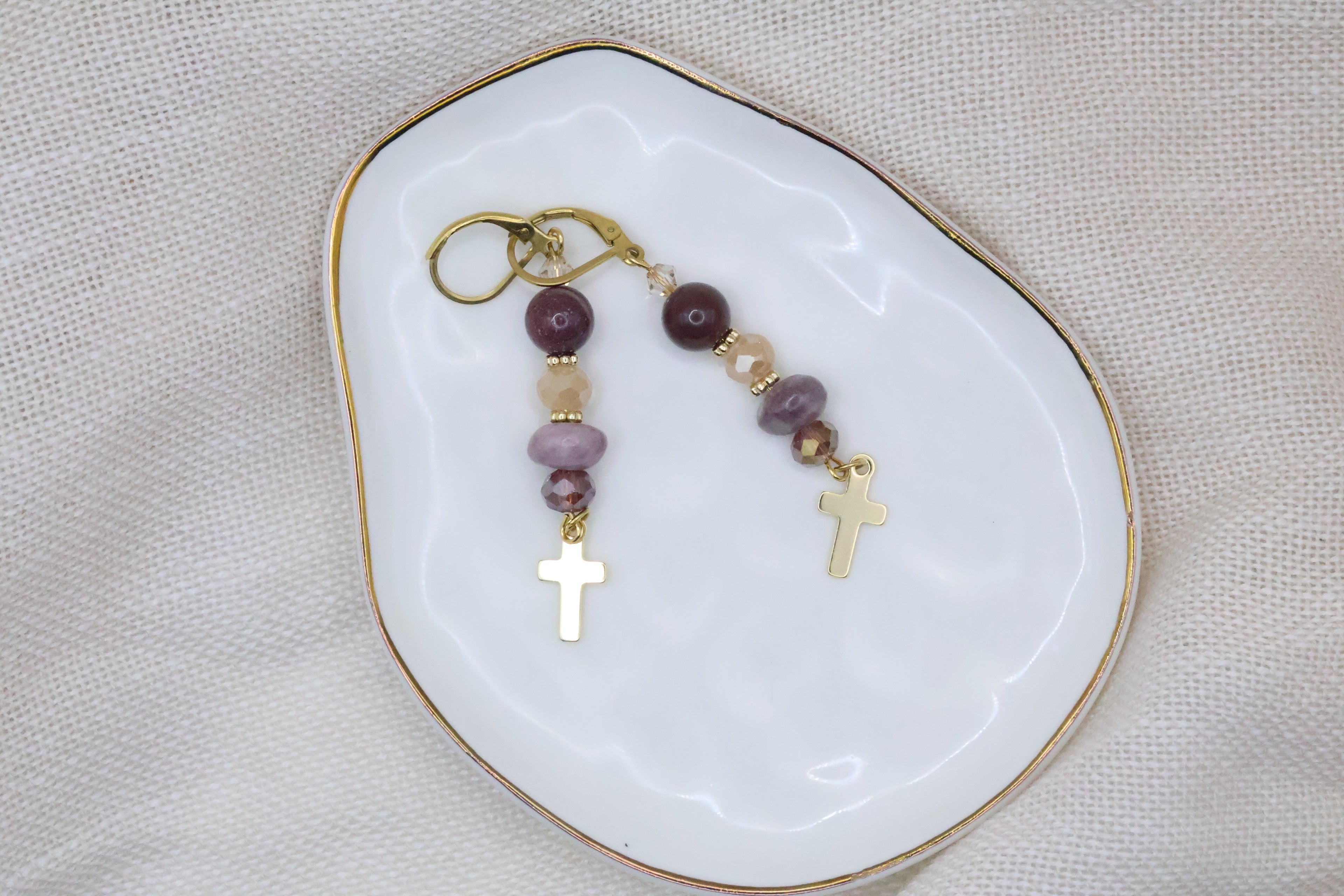 Earrings - Purple Cream with Cross