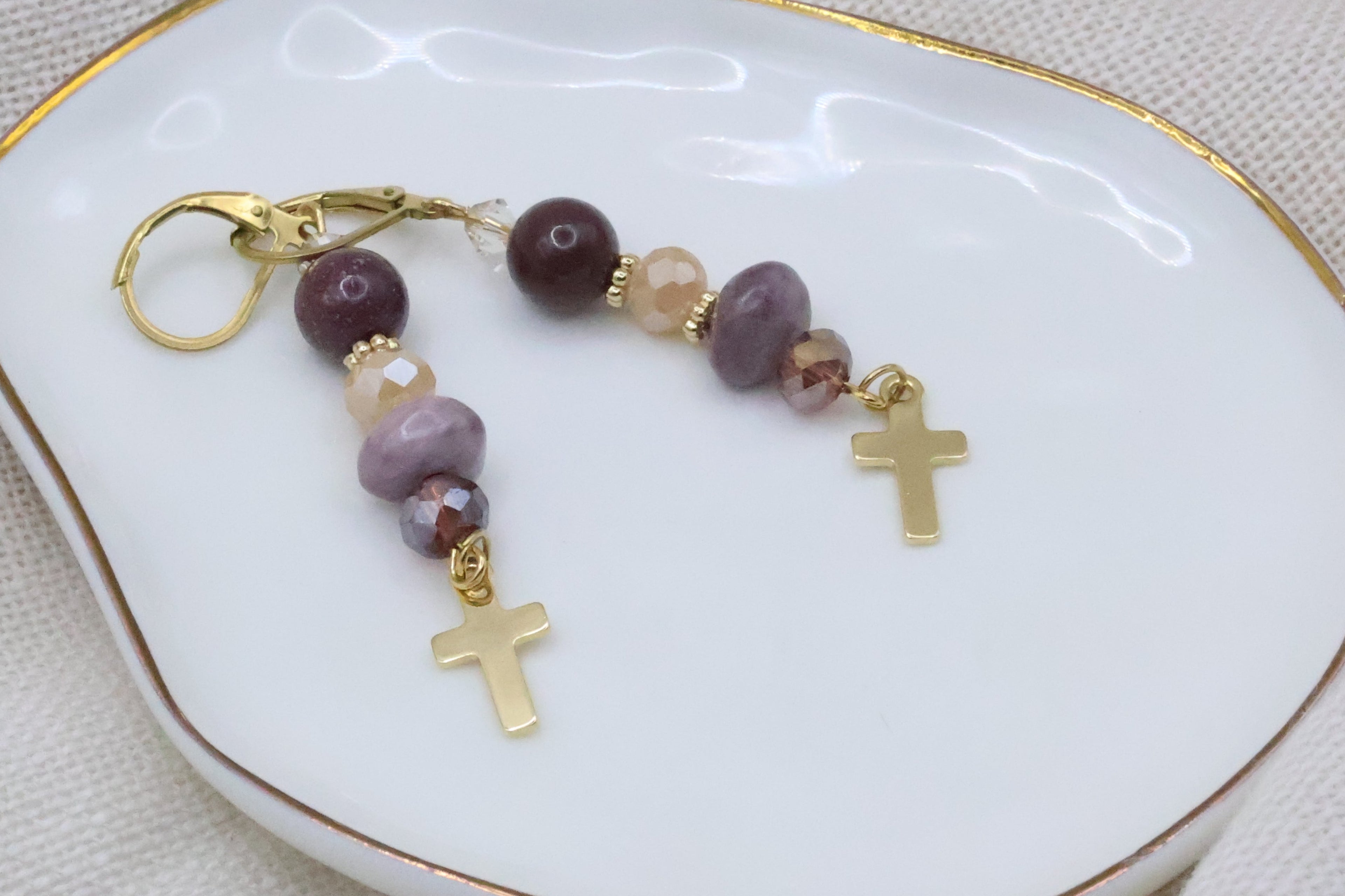 Earrings - Purple Cream with Cross