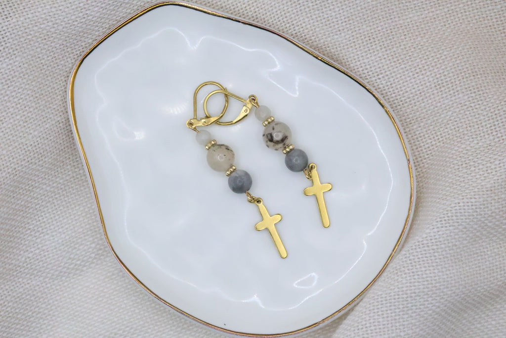 Earrings - Grey and Gold with Cross