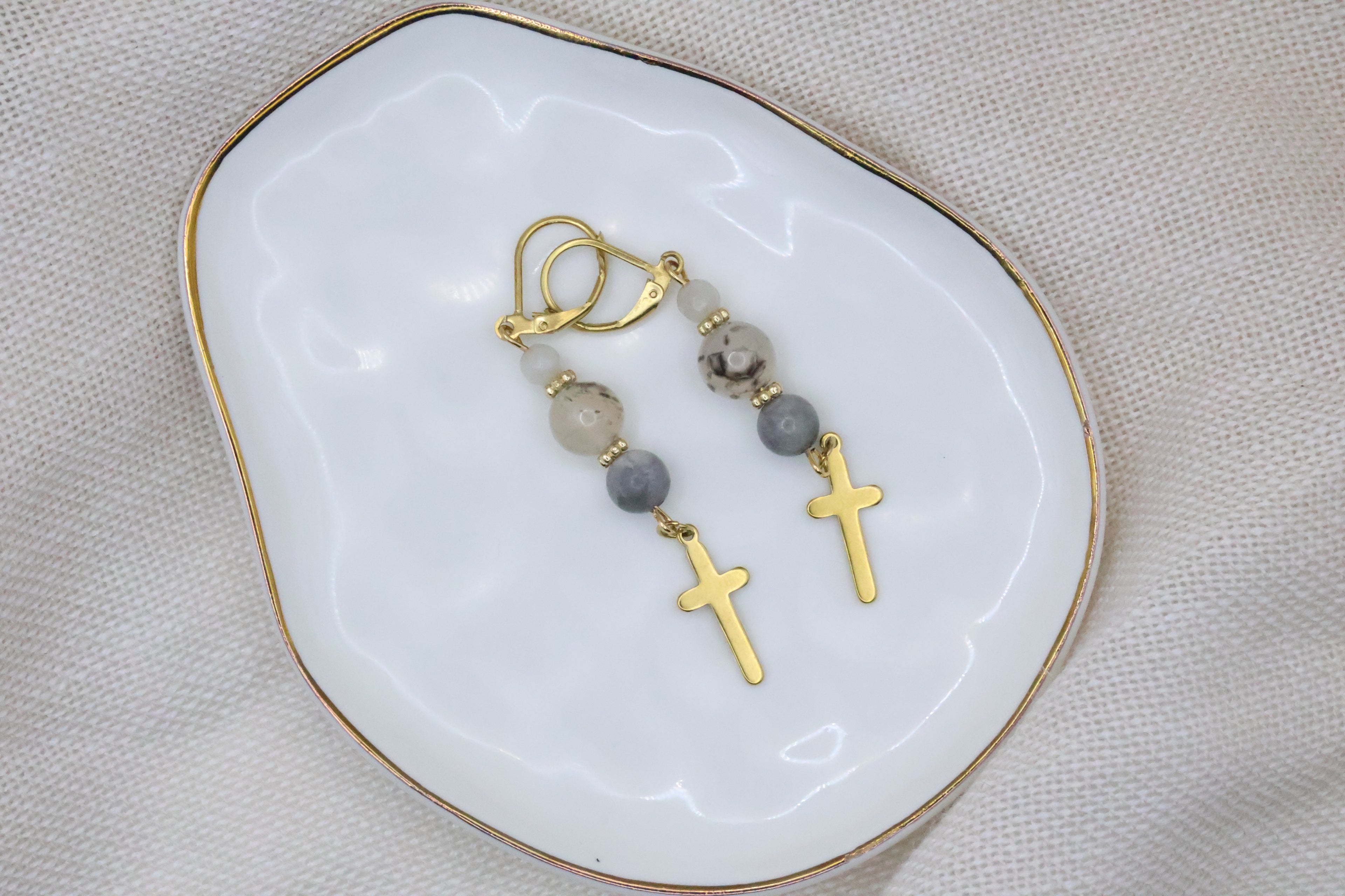 Earrings - Grey and Gold with Cross