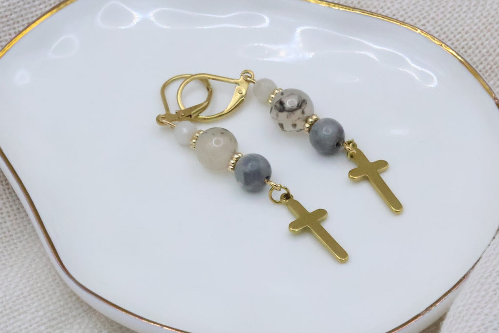 Earrings - Grey and Gold with Cross