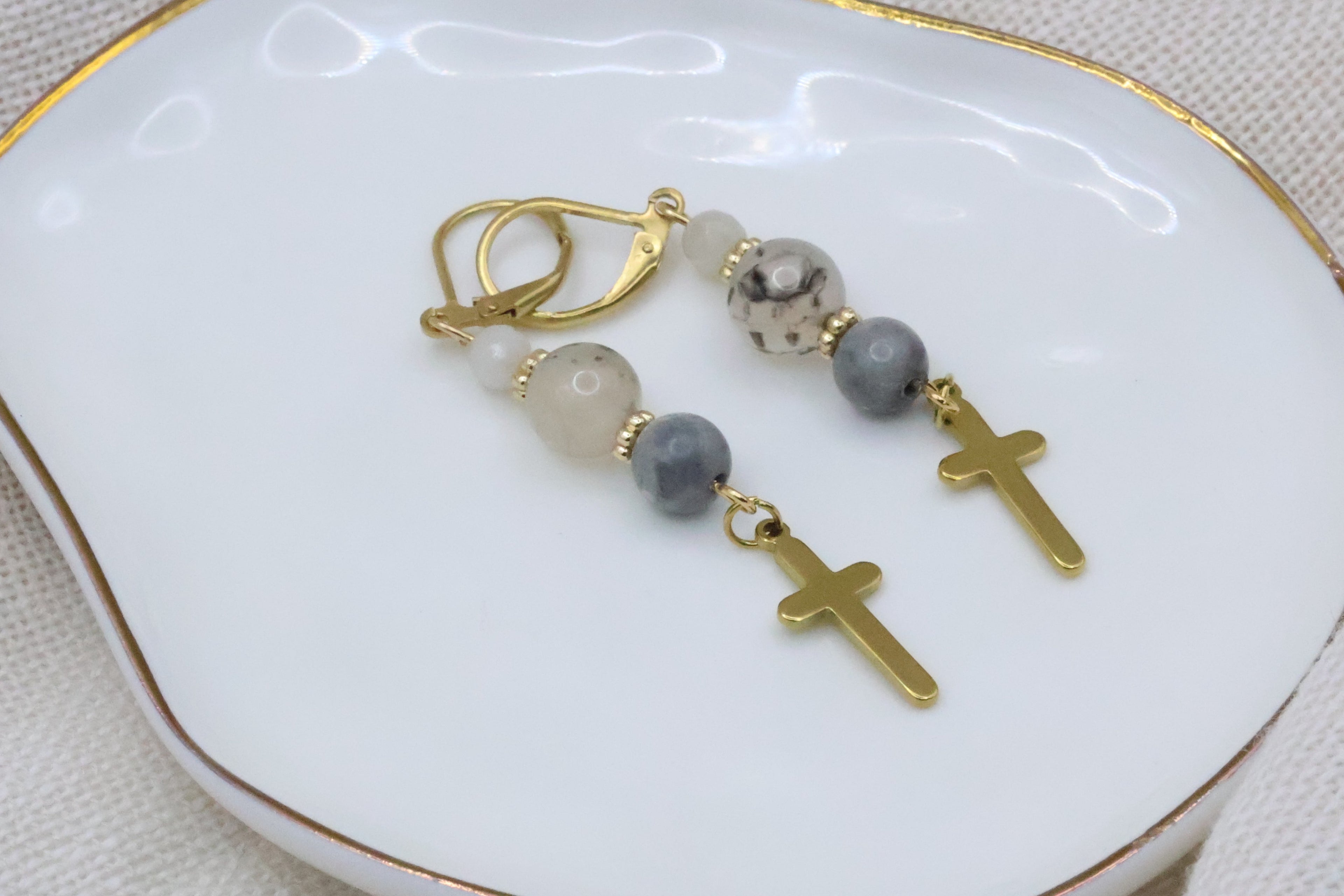 Earrings - Grey and Gold with Cross