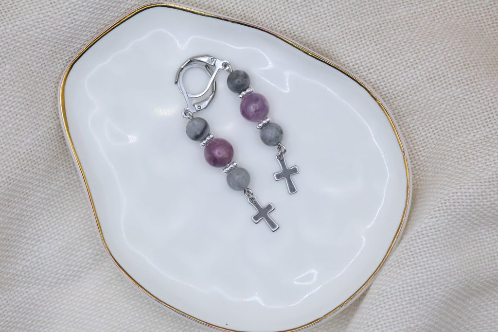 Earrings - Grey and Purple with Cross