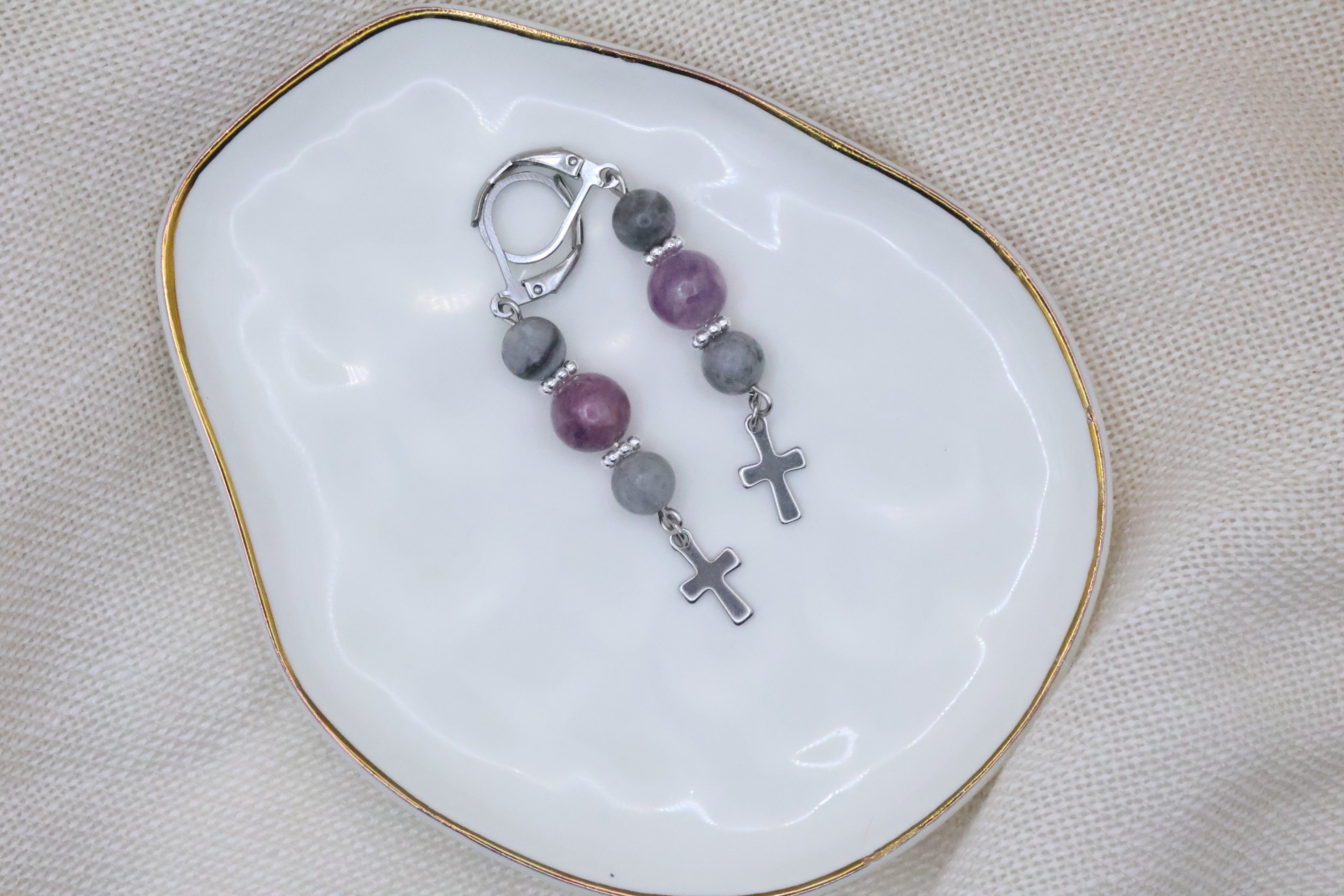 Earrings - Grey and Purple with Cross