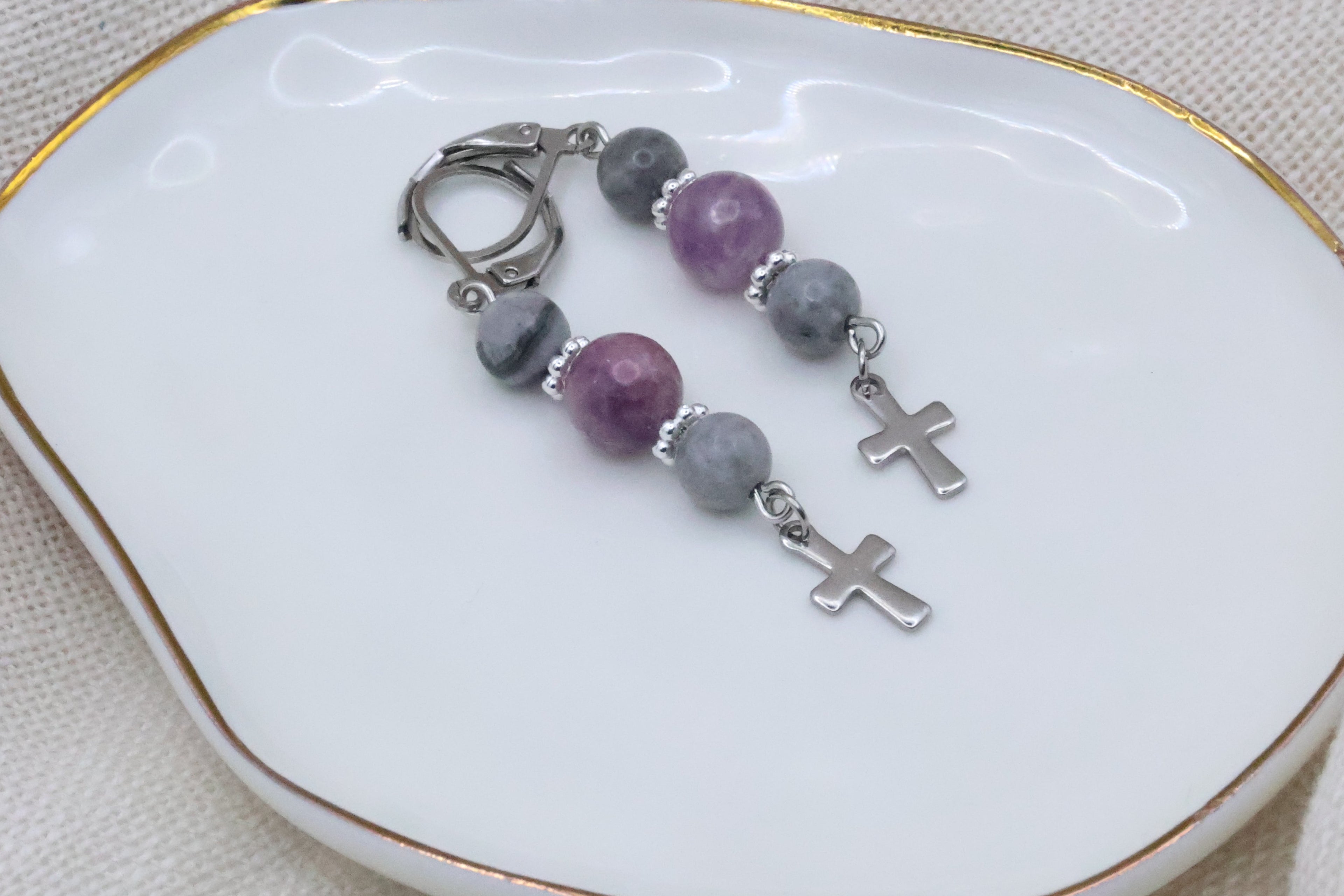Earrings - Grey and Purple with Cross