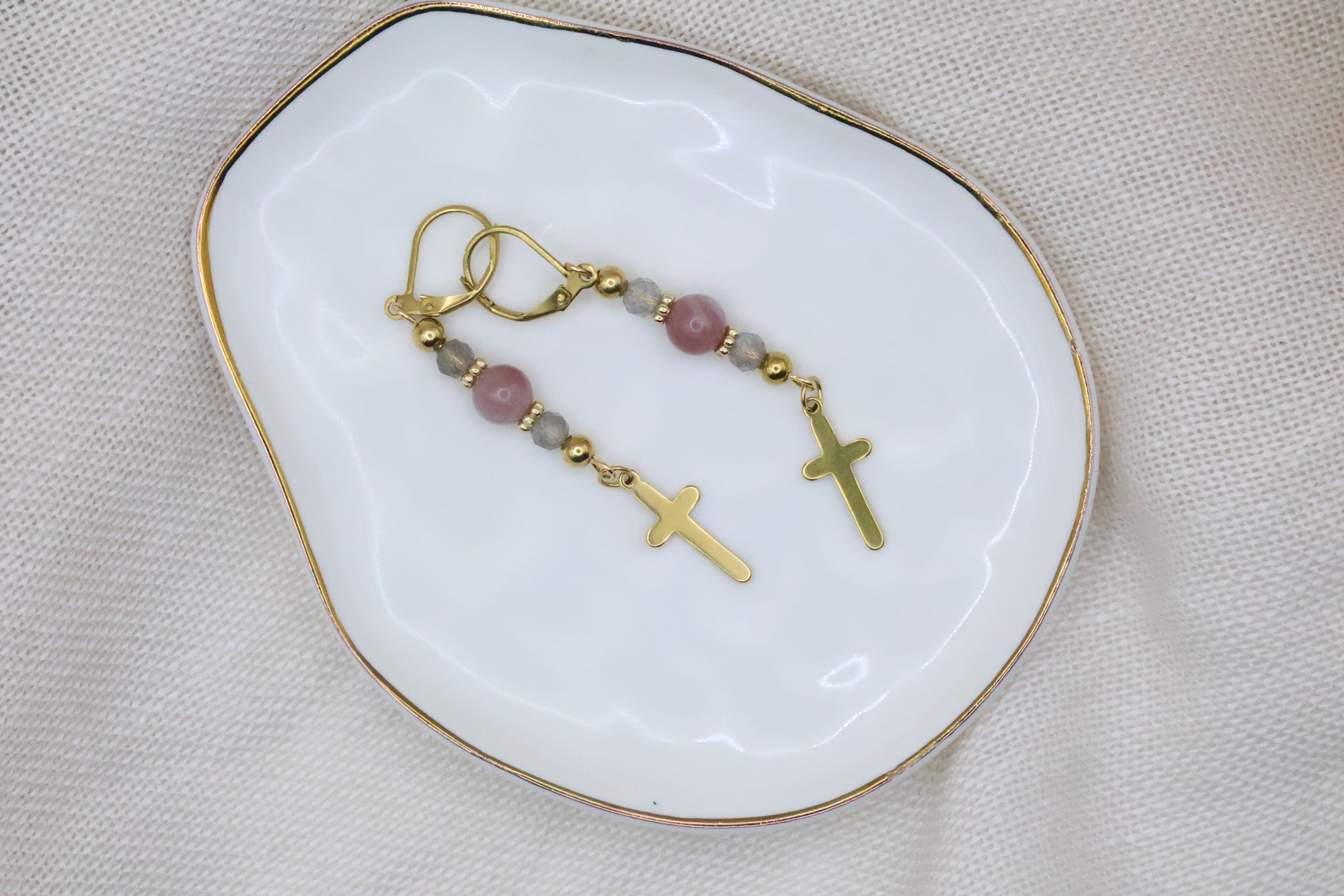 Earrings - Pink and Grey with Cross