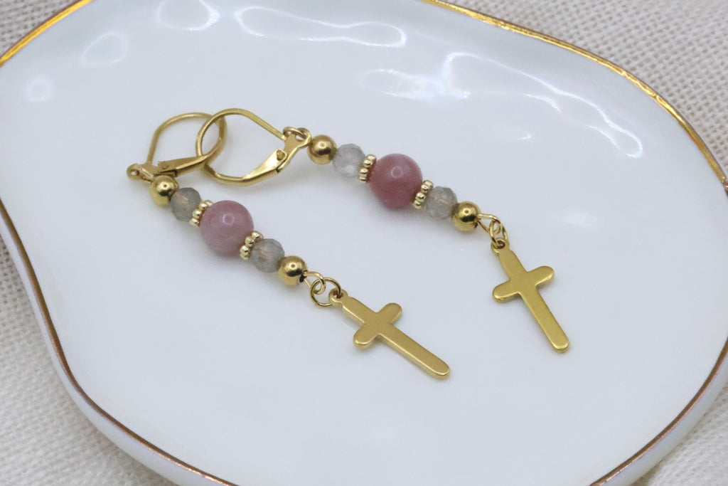 Earrings - Pink and Grey with Cross