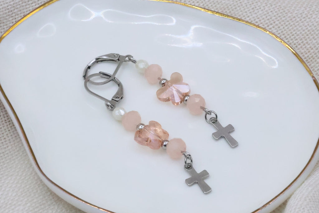 Earrings - Pink Butterfly with Cross