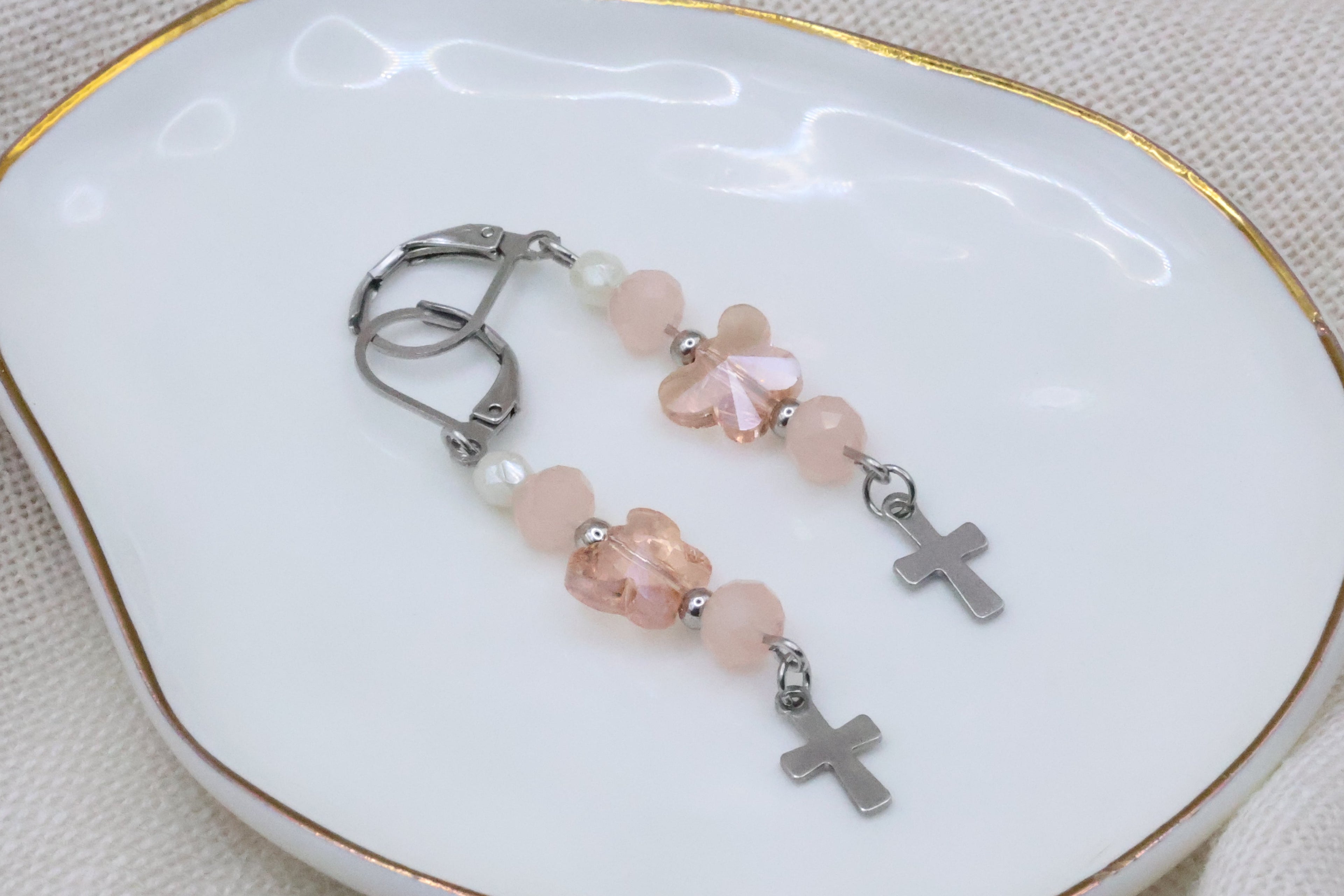 Earrings - Pink Butterfly with Cross