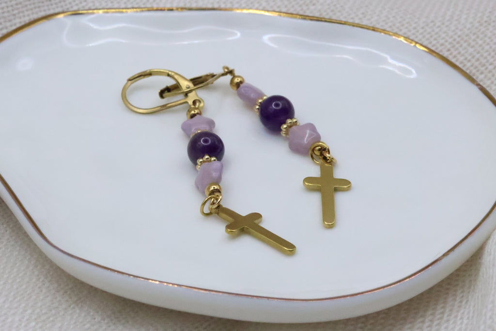 Earrings - Purple Star with Cross